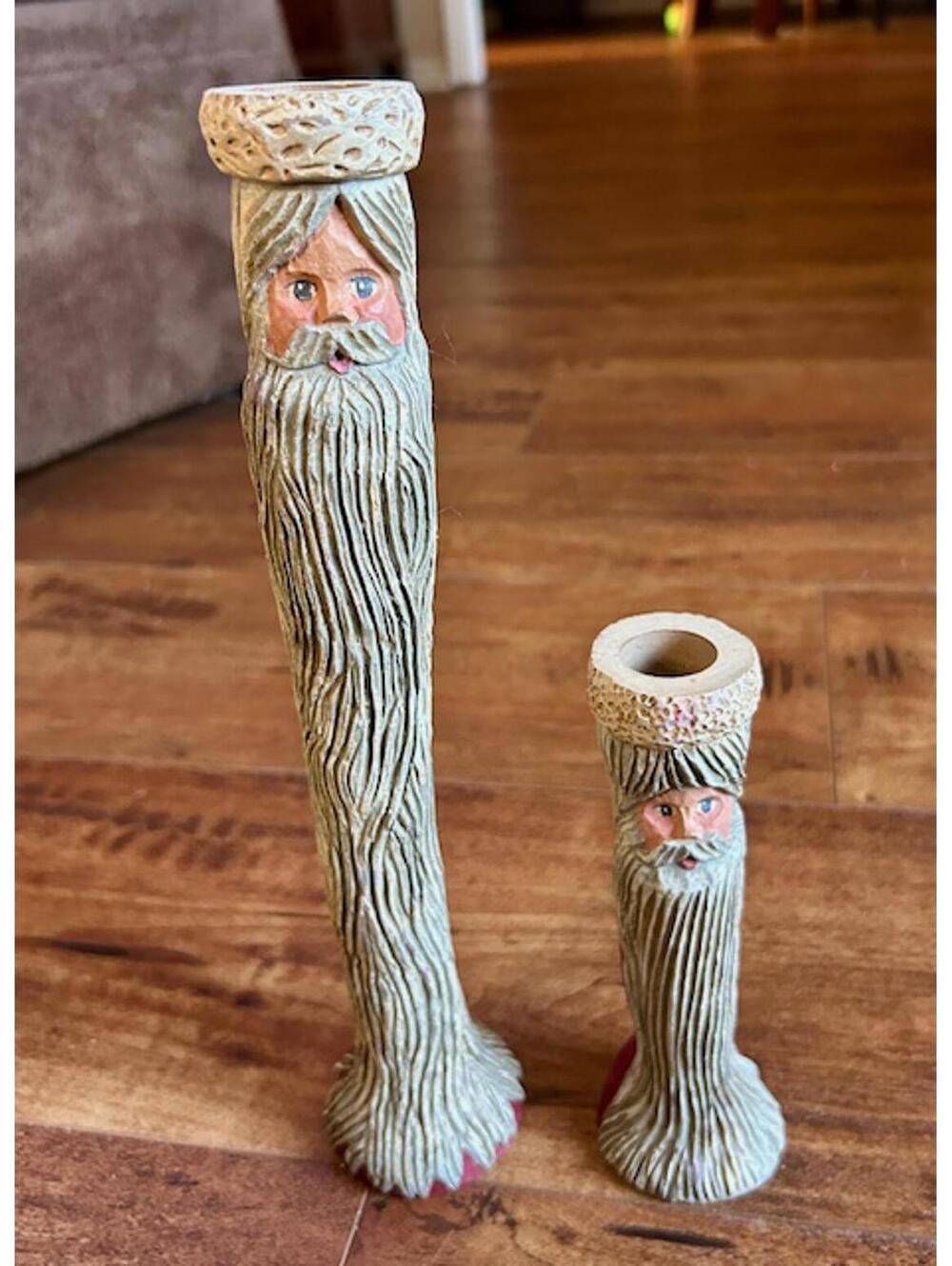 Vintage Hand-Carved Santa Claus Candle Holders Set of 2, Signed 1994